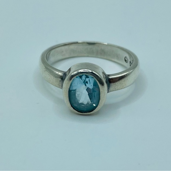 Vintage Bezel Set Sterling Silver 925 Oval Blue Topaz Ring - Picture 10 of 12